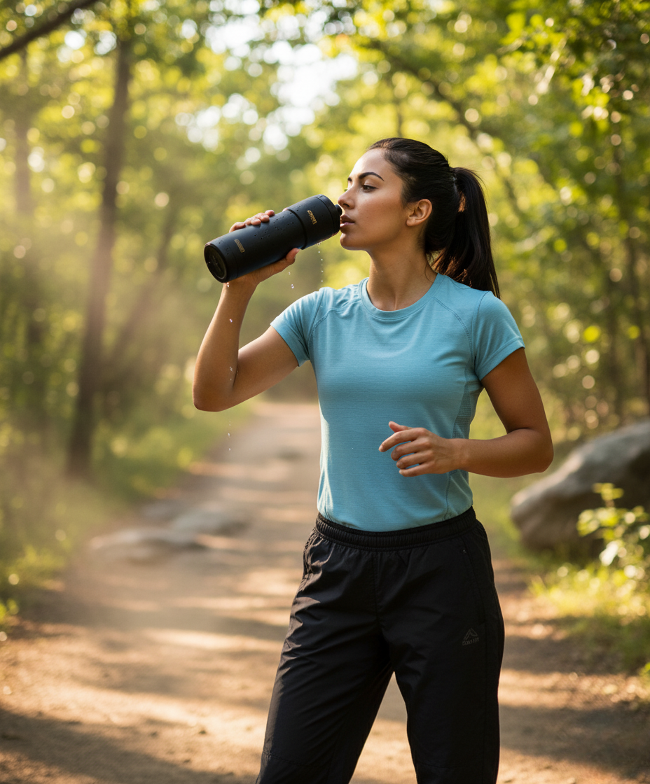 **"A fit woman wearing a light blue t-shirt and black workout pants takes a drink from a black insulated water bottle while standing on a sun-dappled dirt path in a lush green forest."**