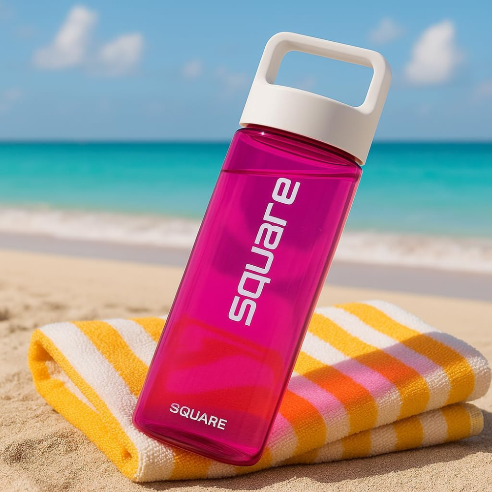 Bright pink reusable square water bottle with a white lid placed on a yellow-and-white striped towel at the beach, with turquoise ocean waves and blue sky in the background.