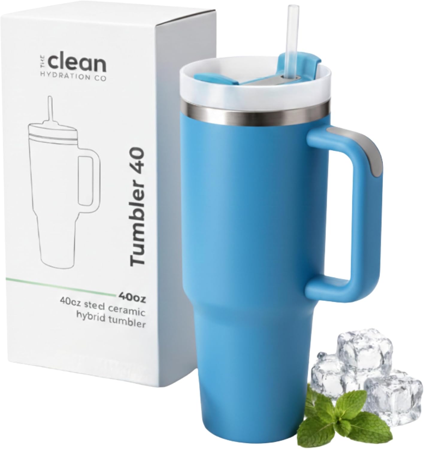 THE CLEAN HYDRATION CO. Insulated Ceramic Coated 40 oz Tumbler with Handle - (Aqua)