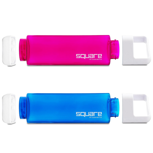 Clean Bottle Square Water Bottle 25oz, BPA-Free Plastic, Clear, Model PSQ-INF-CLEAR, Leak Proof with Carabiner Lid