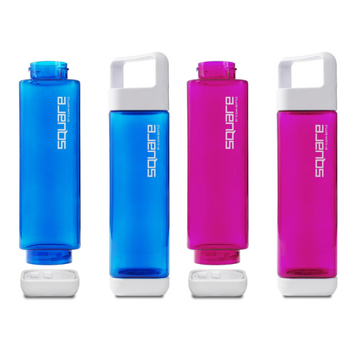 Clean Bottle Square Water Bottle 25oz, BPA-Free Plastic, Clear, Model PSQ-INF-CLEAR, Leak Proof with Carabiner Lid